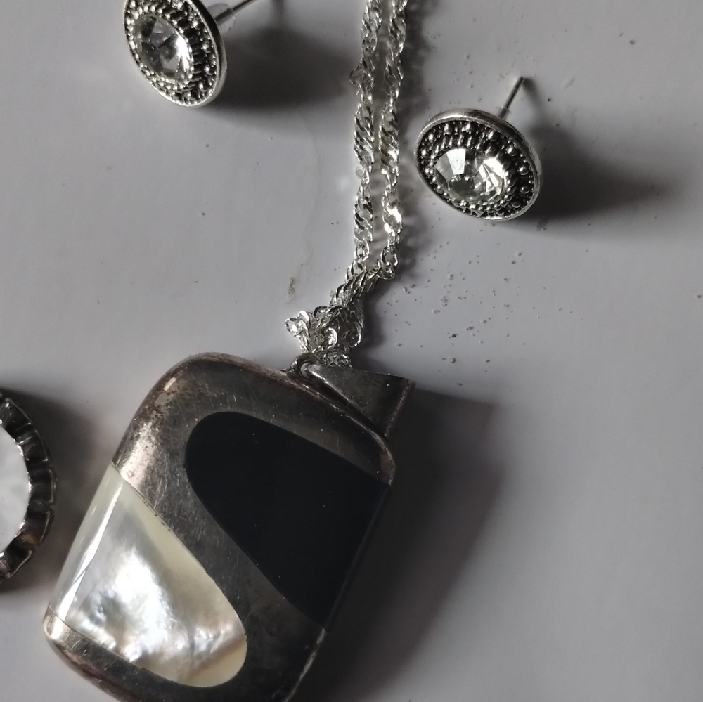 Onyx And Opal Pendant Set Includes Two Pair Of Earrings And Resin Handmade Jar
